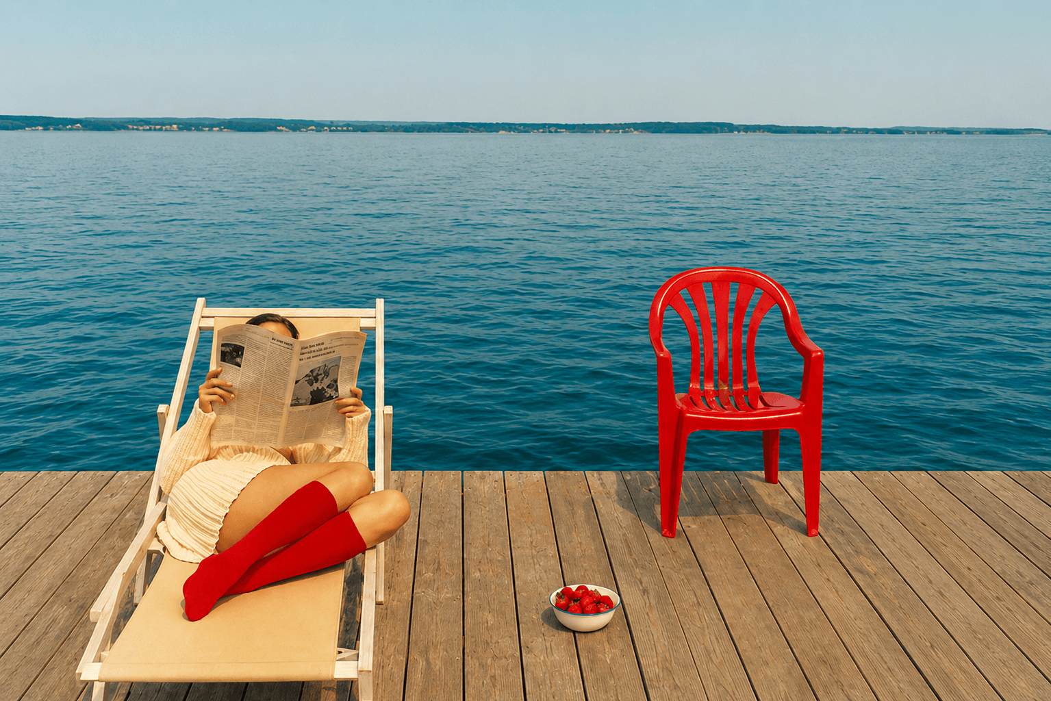 Une personne lit sur une chaise longue au bord du lac.