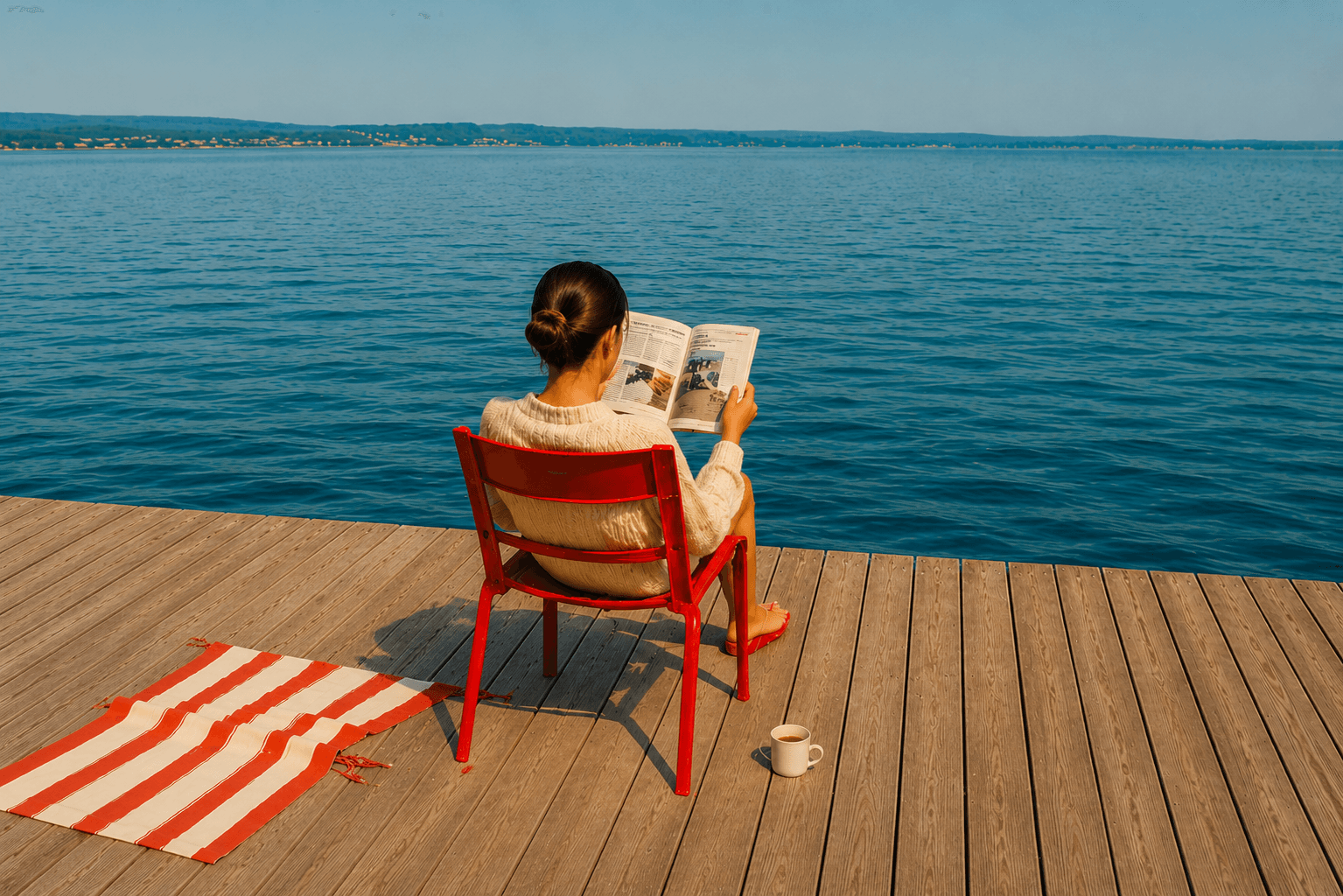 Une personne lit face au lac, assise sur une chaise rouge.